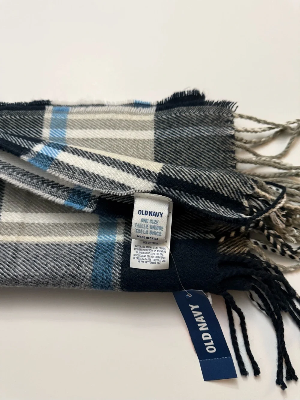 Old Navy Black Gray Blue Plaid Fringe Scarf